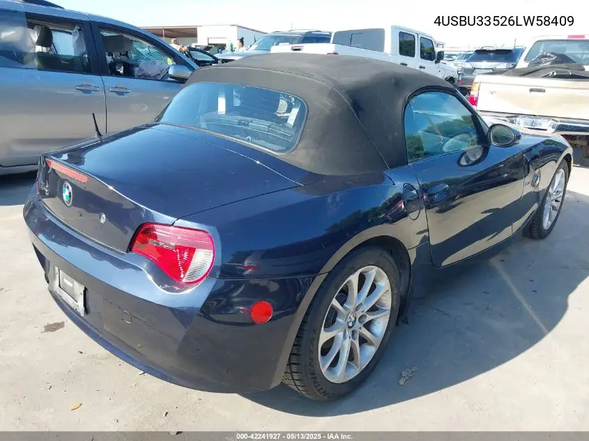 2006 BMW Z4 3.0I VIN: 4USBU33526LW58409 Lot: 42241927