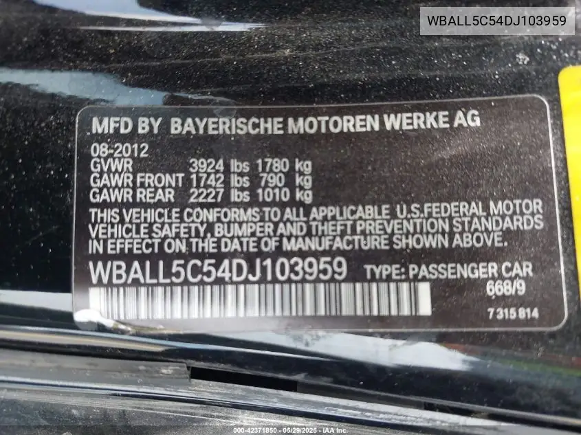 2013 BMW Z4 Sdrive28I VIN: WBALL5C54DJ103959 Lot: 42371850