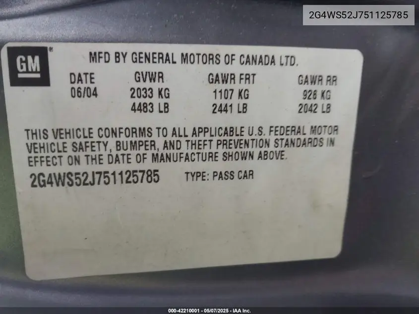 2005 Buick Century VIN: 2G4WS52J751125785 Lot: 42210001