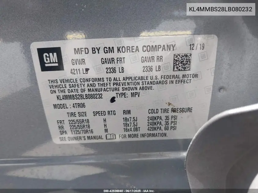 2020 Buick Encore Gx Fwd Preferred VIN: KL4MMBS28LB080232 Lot: 42536040