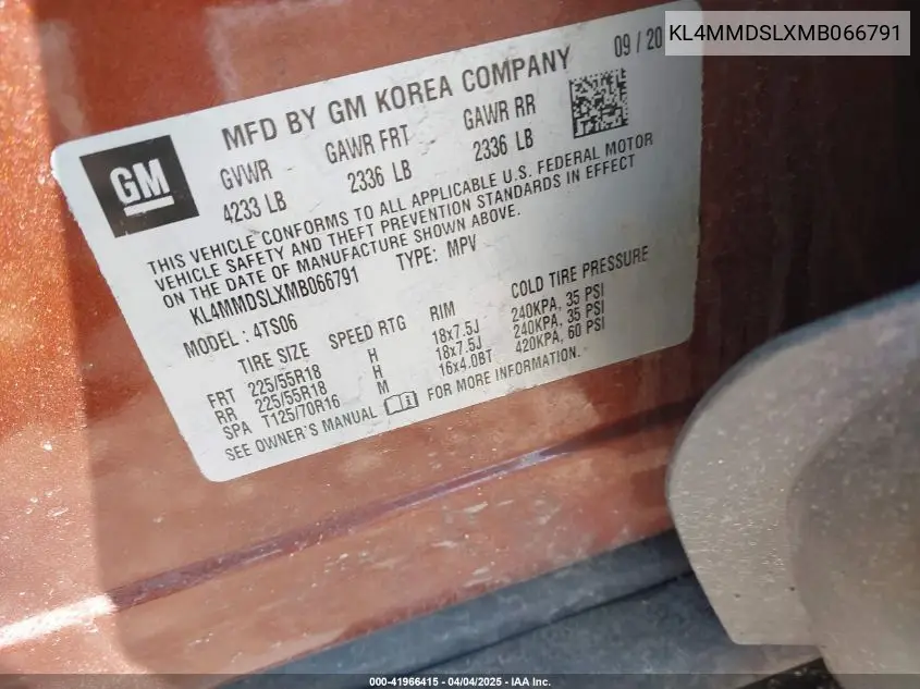 2021 Buick Encore Gx Fwd Select VIN: KL4MMDSLXMB066791 Lot: 41966415