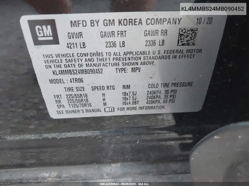 2021 Buick Encore Gx Fwd Preferred VIN: KL4MMBS24MB090452 Lot: 42595543