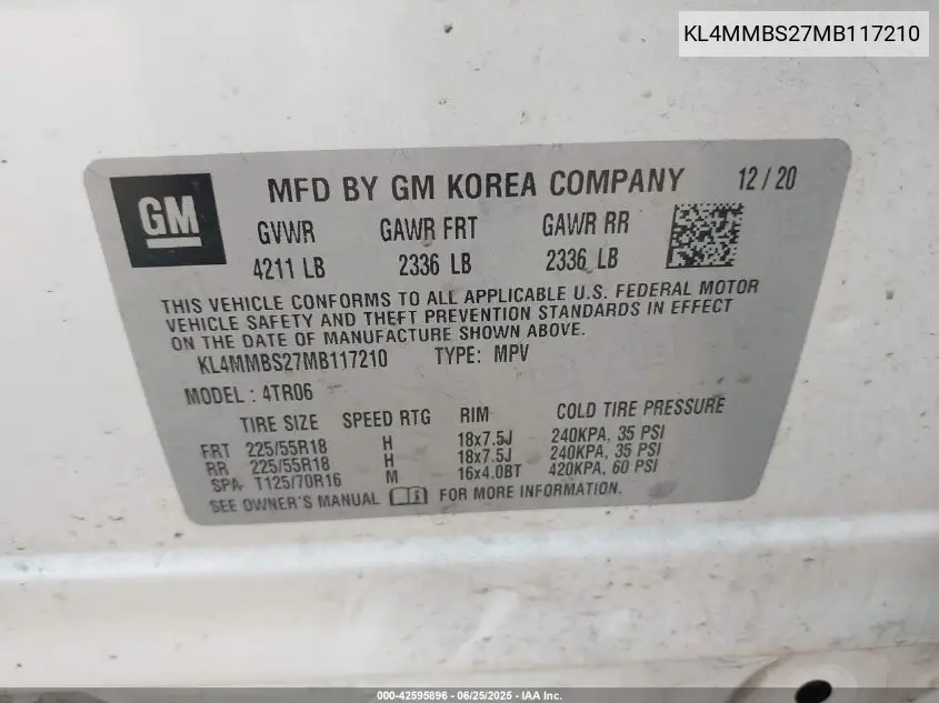 2021 Buick Encore Gx Fwd Preferred VIN: KL4MMBS27MB117210 Lot: 42595896