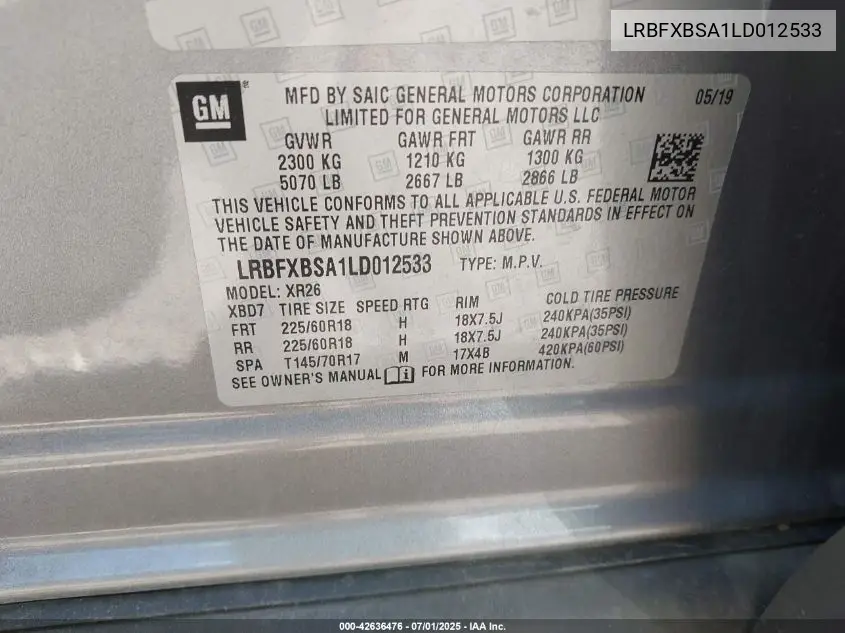 2020 Buick Envision Fwd Preferred VIN: LRBFXBSA1LD012533 Lot: 42636476