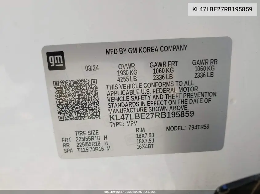 2024 Buick Envista Sport Touring Fwd VIN: KL47LBE27RB195859 Lot: 42196537