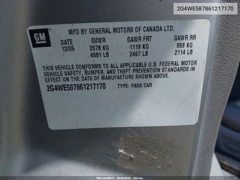 2006 Buick Lacrosse Cxs VIN: 2G4WE587861217170 Lot: 42440575