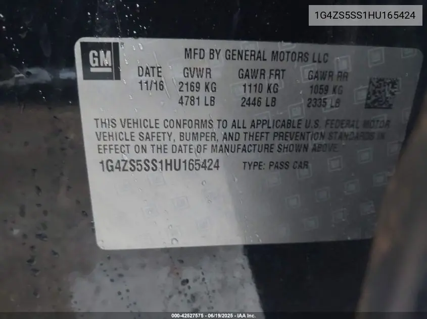 2017 Buick Lacrosse Premium VIN: 1G4ZS5SS1HU165424 Lot: 42527575