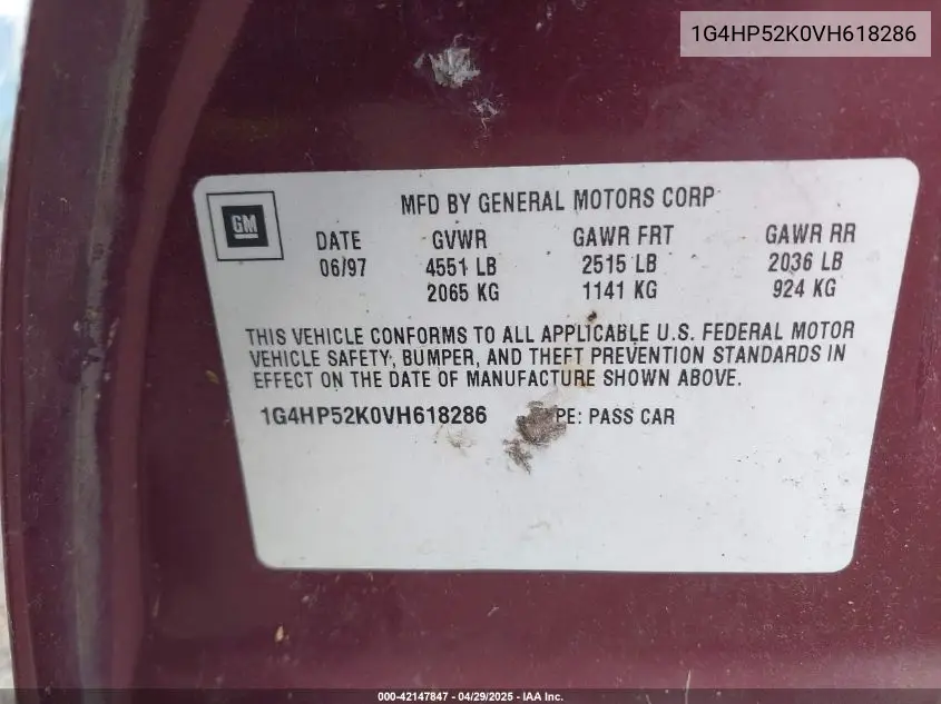 1997 Buick Lesabre Custom VIN: 1G4HP52K0VH618286 Lot: 42147847