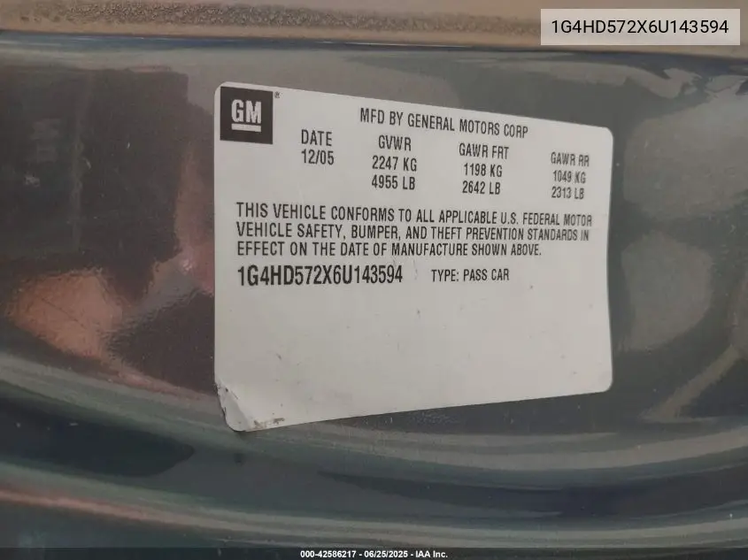 2006 Buick Lucerne Cxl VIN: 1G4HD572X6U143594 Lot: 42586217