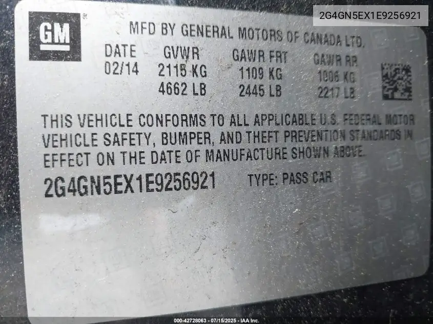 2014 Buick Regal Turbo/E-Assist Premium I VIN: 2G4GN5EX1E9256921 Lot: 42728063