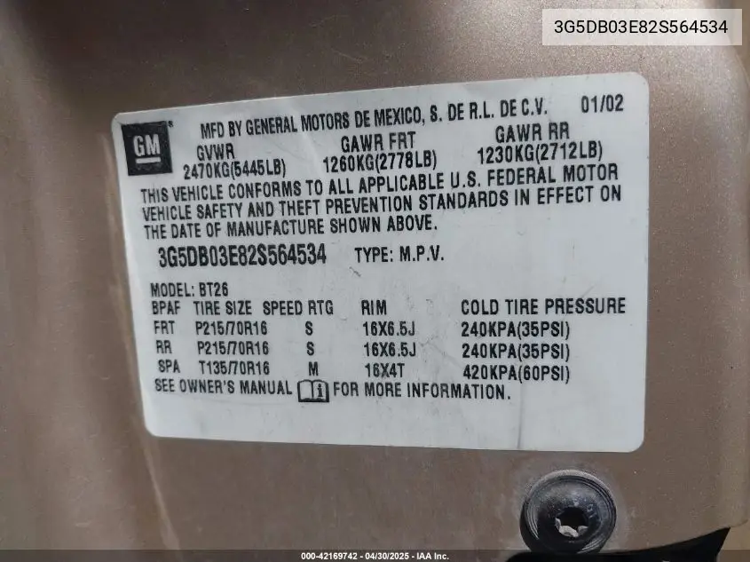 2002 Buick Rendezvous Cxl VIN: 3G5DB03E82S564534 Lot: 42169742