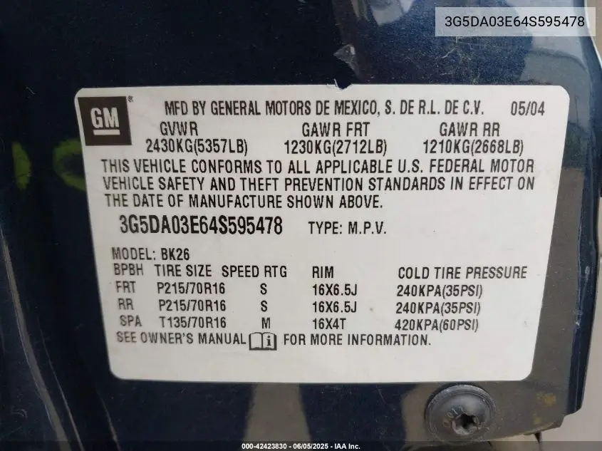 2004 Buick Rendezvous Cx VIN: 3G5DA03E64S595478 Lot: 42423830