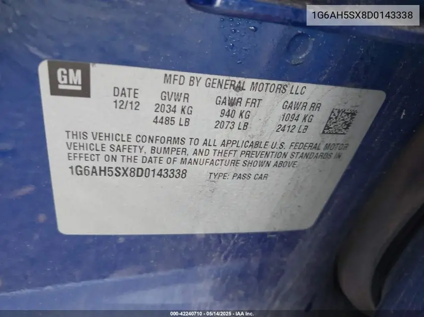 1g6ah5sx8d0143338 1G6AH5SX8D0143338 2013 Cadillac Ats Luxury