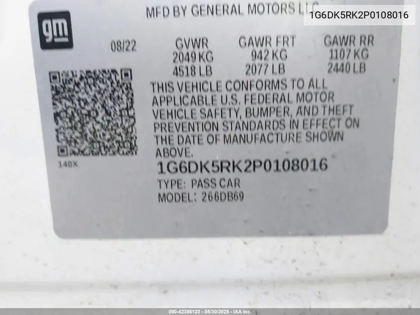 2023 Cadillac Ct4 Luxury VIN: 1G6DK5RK2P0108016 Lot: 42386123