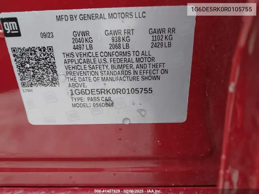 2024 Cadillac Ct4 Luxury VIN: 1G6DE5RK0R0105755 Lot: 41457629