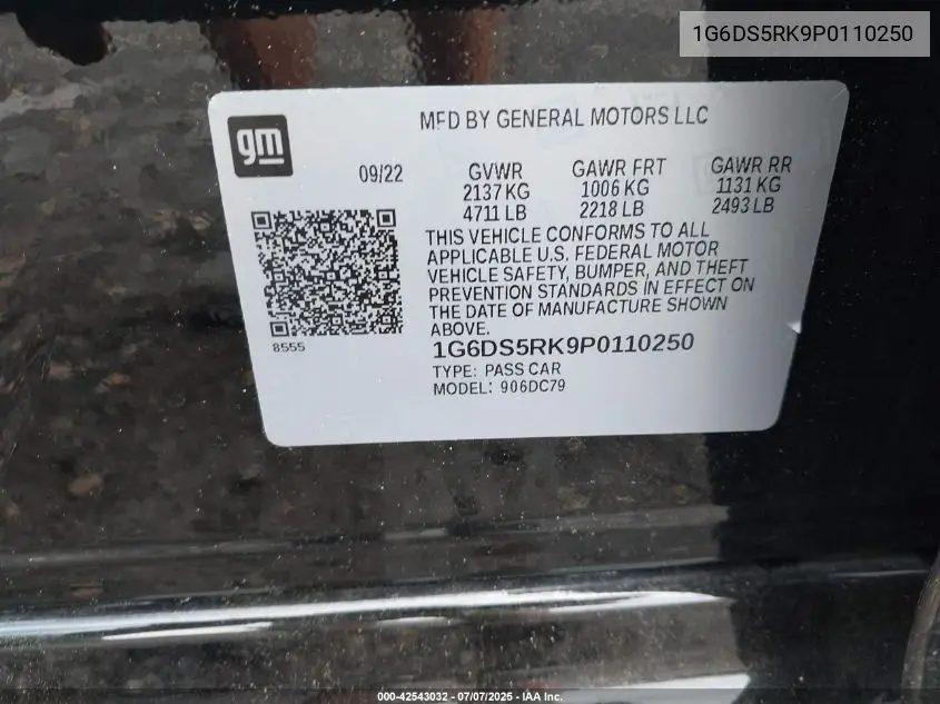 2023 Cadillac Ct5 Premium Luxury VIN: 1G6DS5RK9P0110250 Lot: 42543032