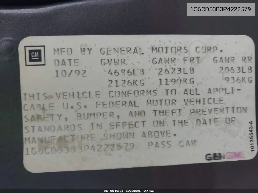 1993 Cadillac Deville VIN: 1G6CD53B3P4222579 Lot: 42316504