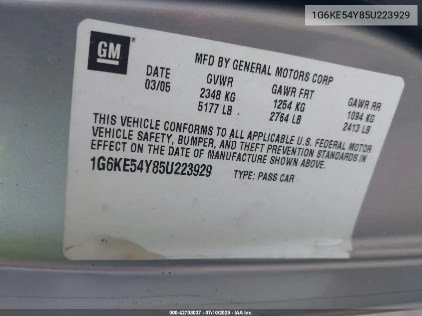 2005 Cadillac Deville Dhs VIN: 1G6KE54Y85U223929 Lot: 42708037