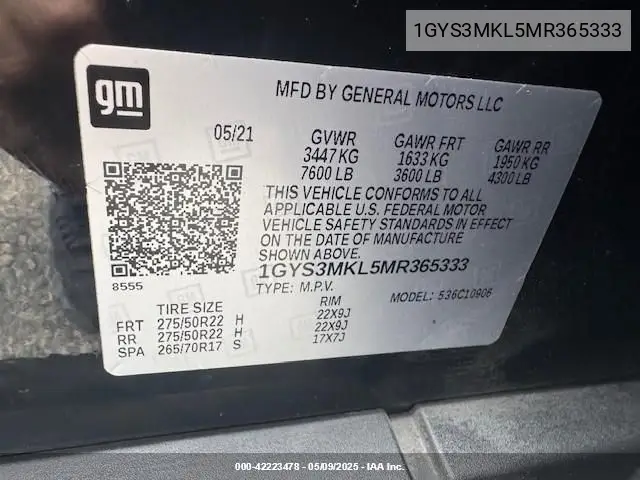 2021 Cadillac Escalade Esv 2Wd Premium Luxury Platinum VIN: 1GYS3MKL5MR365333 Lot: 42223478