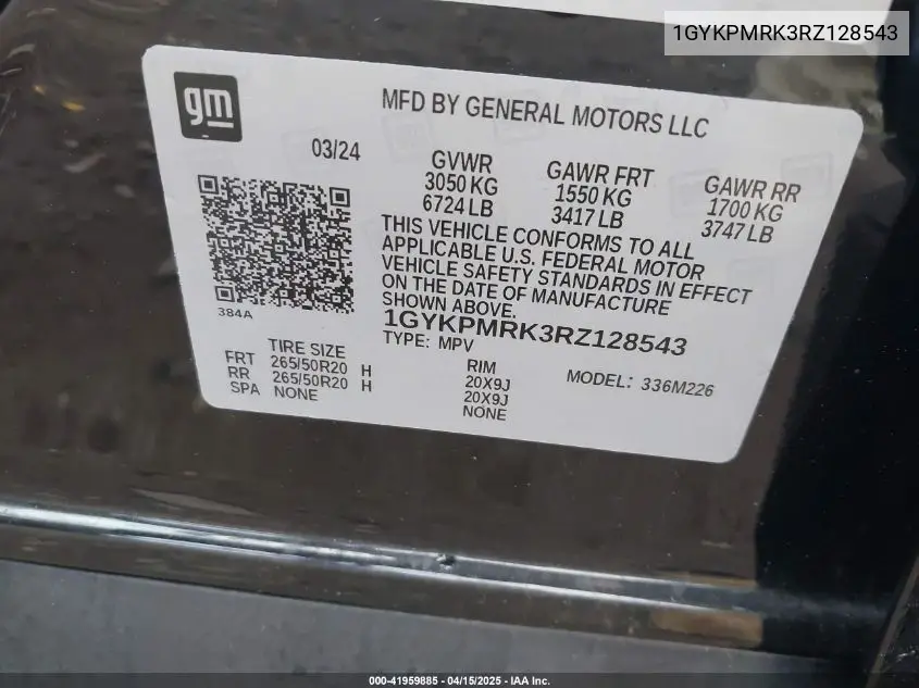 2024 Cadillac Lyriq Tech W/1Sa VIN: 1GYKPMRK3RZ128543 Lot: 41959885