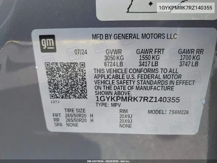 2024 Cadillac Lyriq Tech VIN: 1GYKPMRK7RZ140355 Lot: 42378834