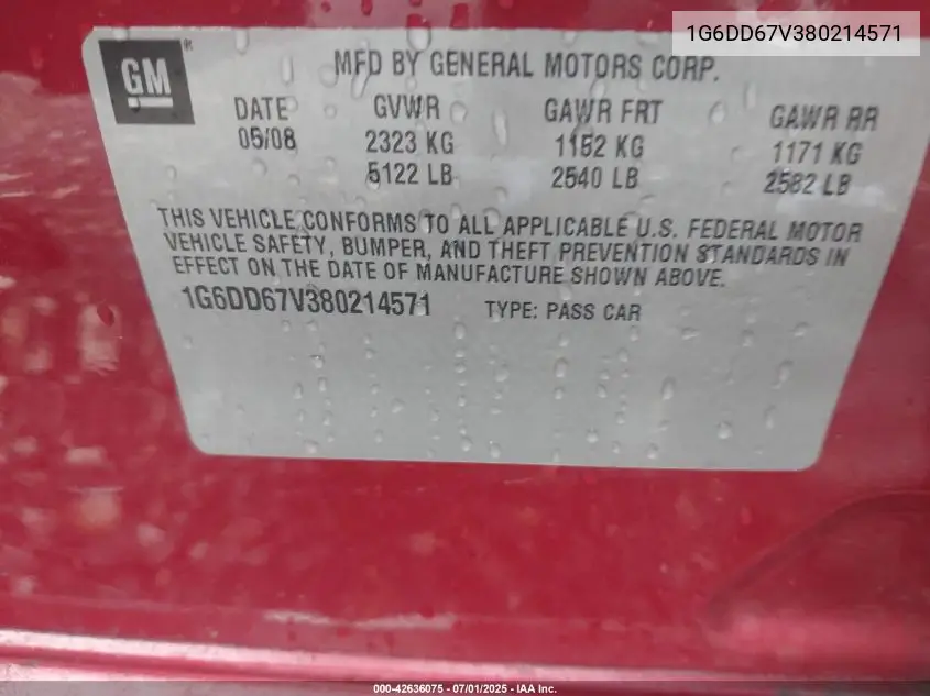 2008 Cadillac Sts V6 VIN: 1G6DD67V380214571 Lot: 42636075