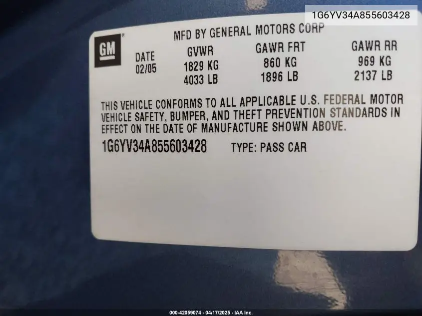 2005 Cadillac Xlr Standard VIN: 1G6YV34A855603428 Lot: 42059074