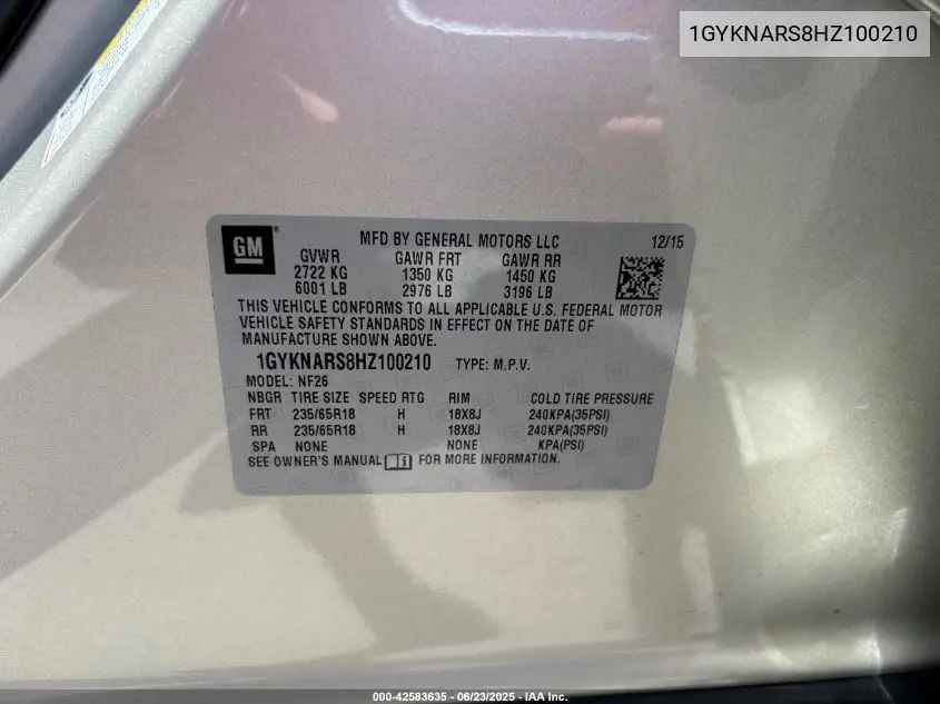 2017 Cadillac Xt5 Standard VIN: 1GYKNARS8HZ100210 Lot: 42583635