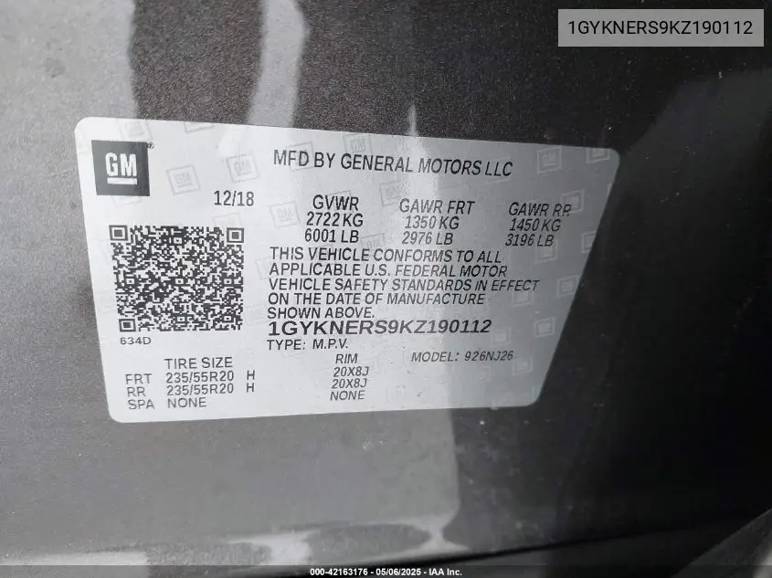 2019 Cadillac Xt5 Premium Luxury VIN: 1GYKNERS9KZ190112 Lot: 42163176