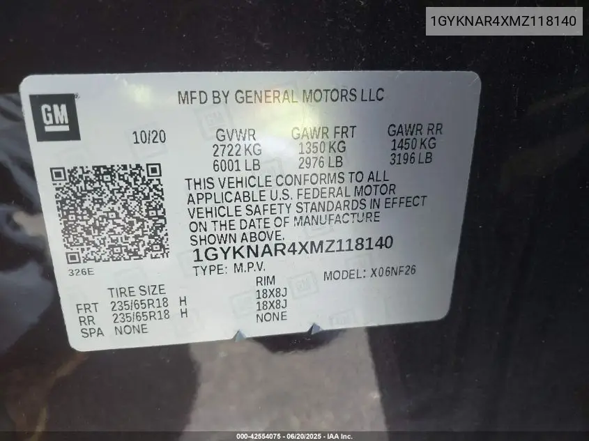 2021 Cadillac Xt5 Fwd Luxury VIN: 1GYKNAR4XMZ118140 Lot: 42554075