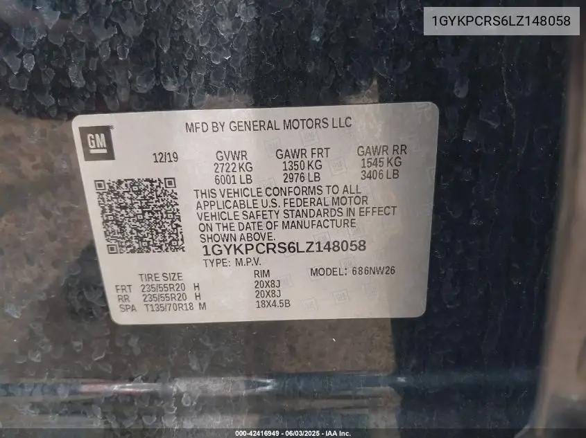 2020 Cadillac Xt6 Premium Luxury VIN: 1GYKPCRS6LZ148058 Lot: 42416949