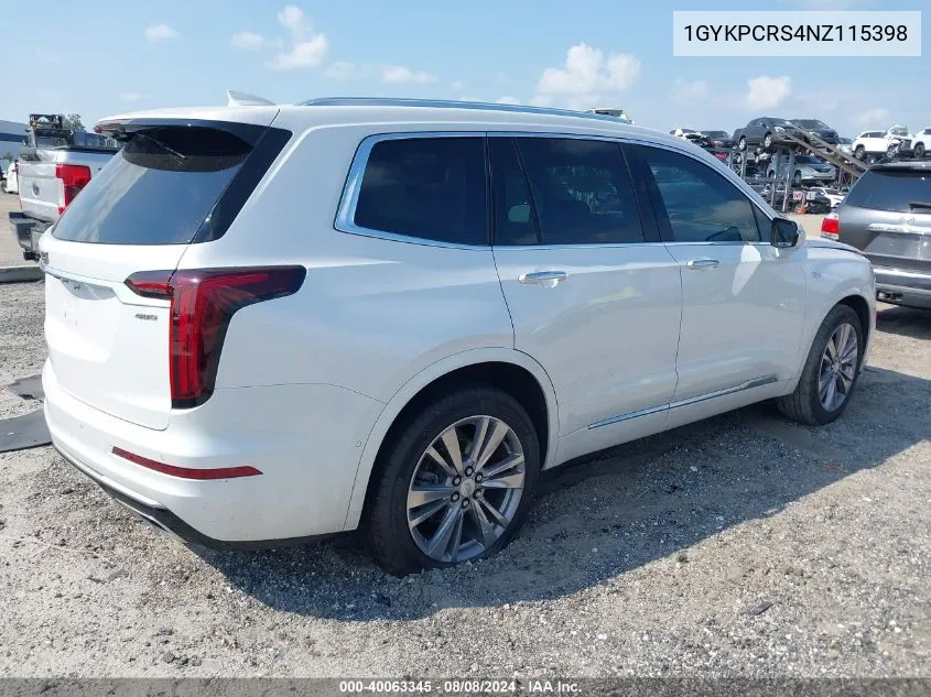 2022 Cadillac Xt6 Fwd Premium Luxury VIN: 1GYKPCRS4NZ115398 Lot: 40063345