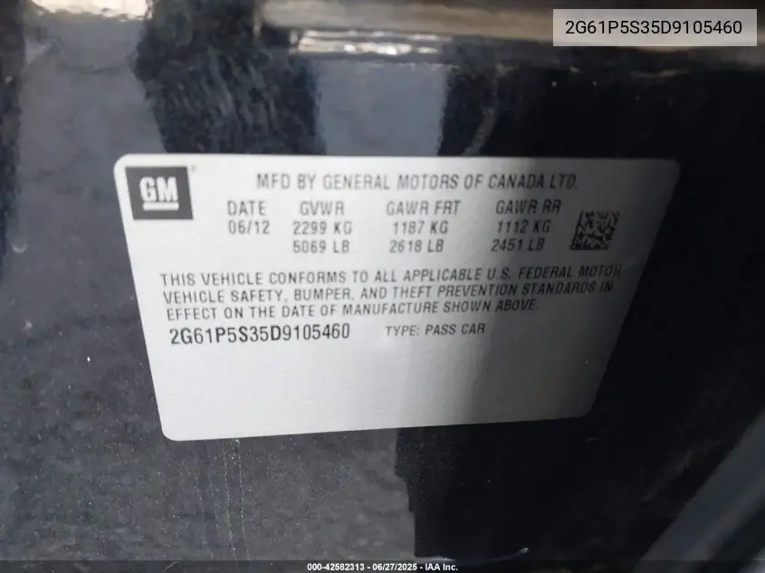 2013 Cadillac Xts Luxury VIN: 2G61P5S35D9105460 Lot: 42582313