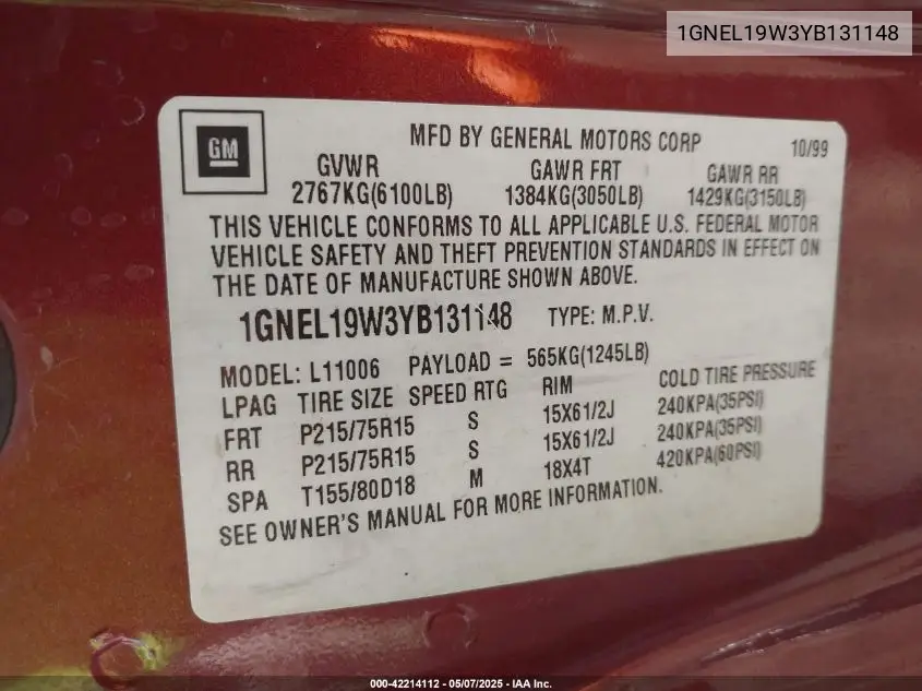 2000 Chevrolet Astro VIN: 1GNEL19W3YB131148 Lot: 42214112
