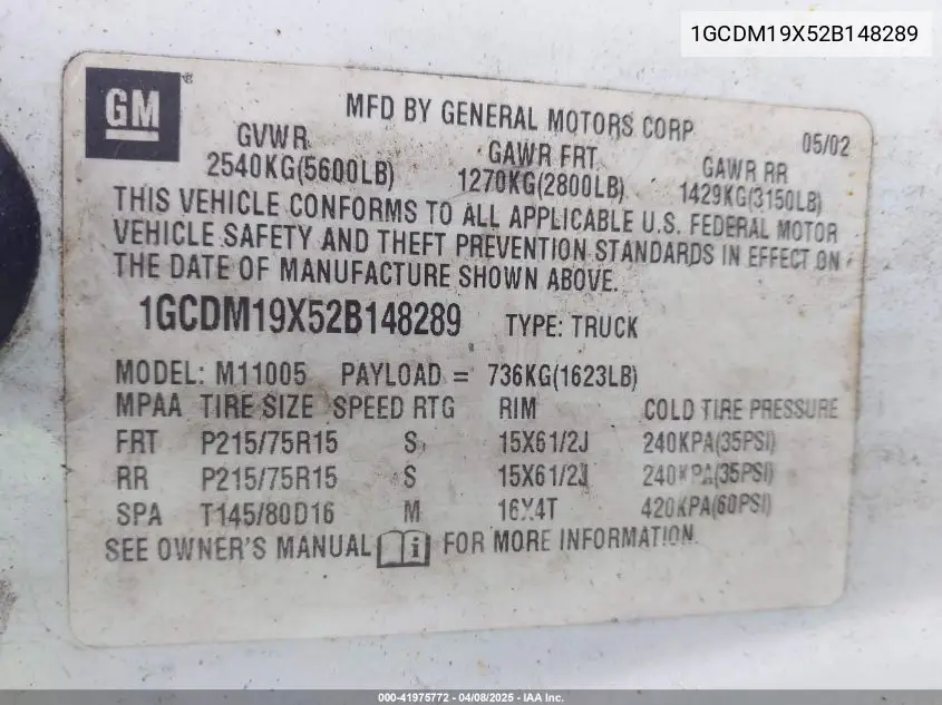 2002 Chevrolet Astro VIN: 1GCDM19X52B148289 Lot: 41975772
