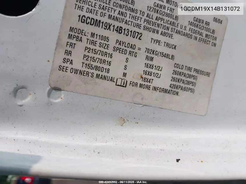2004 Chevrolet Astro VIN: 1GCDM19X14B131072 Lot: 42492992