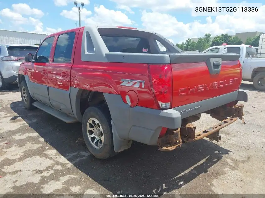 2002 Chevrolet Avalanche 1500 VIN: 3GNEK13T52G118336 Lot: 42594635