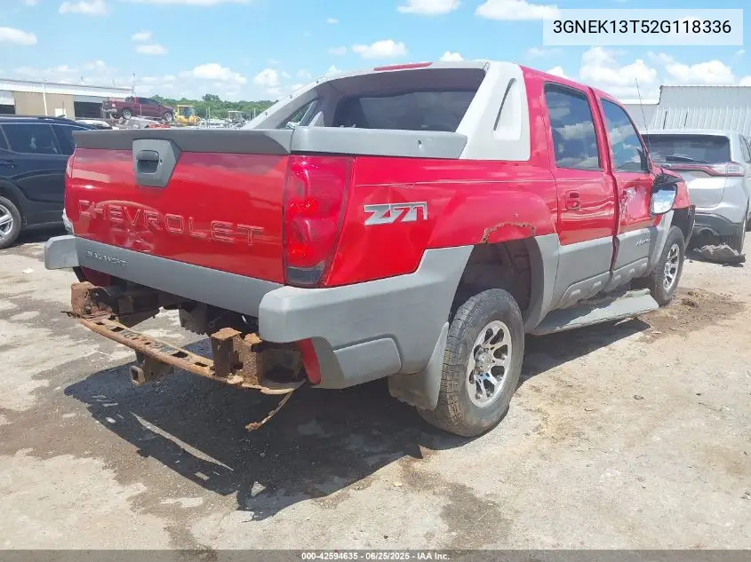 2002 Chevrolet Avalanche 1500 VIN: 3GNEK13T52G118336 Lot: 42594635