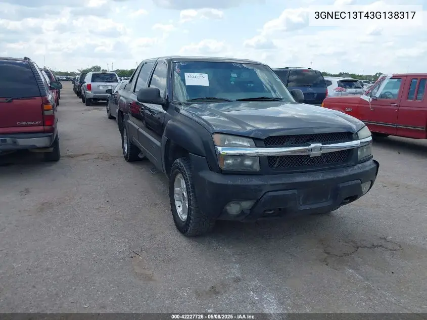 2003 Chevrolet Avalanche 1500 VIN: 3GNEC13T43G138317 Lot: 42227726