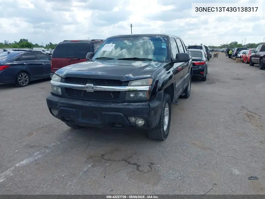 2003 Chevrolet Avalanche 1500 VIN: 3GNEC13T43G138317 Lot: 42227726