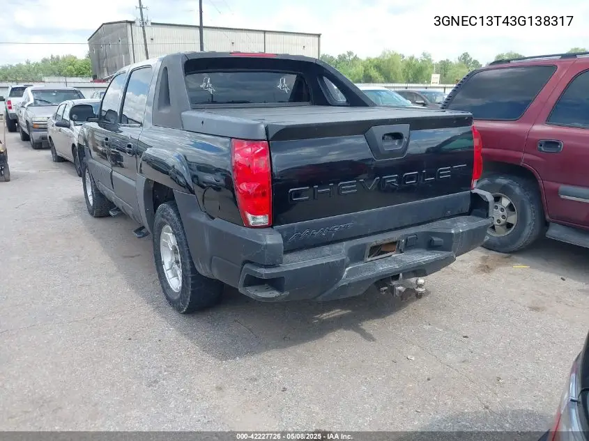 2003 Chevrolet Avalanche 1500 VIN: 3GNEC13T43G138317 Lot: 42227726