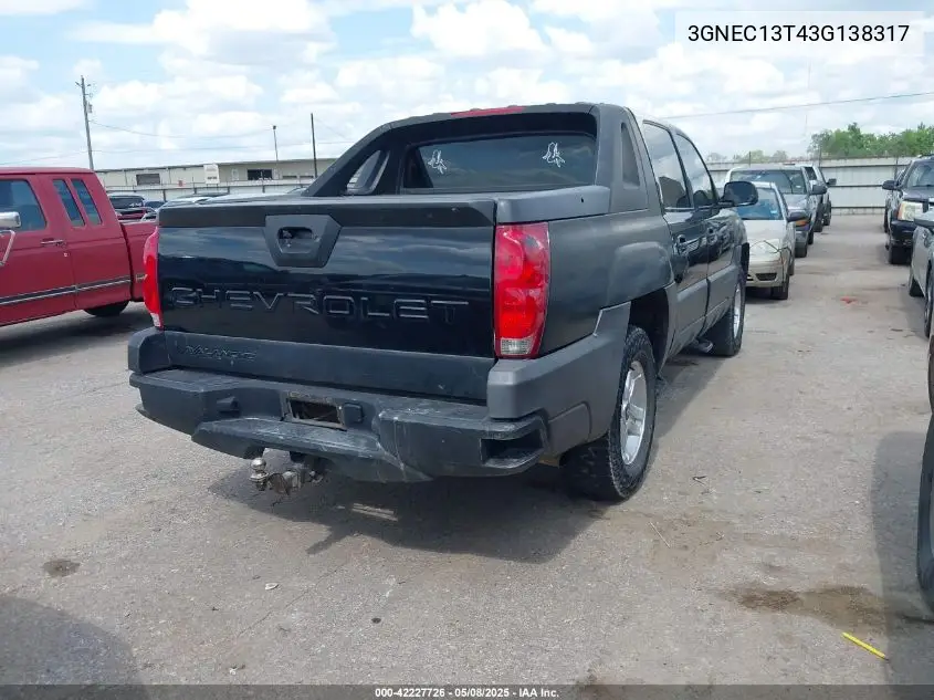2003 Chevrolet Avalanche 1500 VIN: 3GNEC13T43G138317 Lot: 42227726