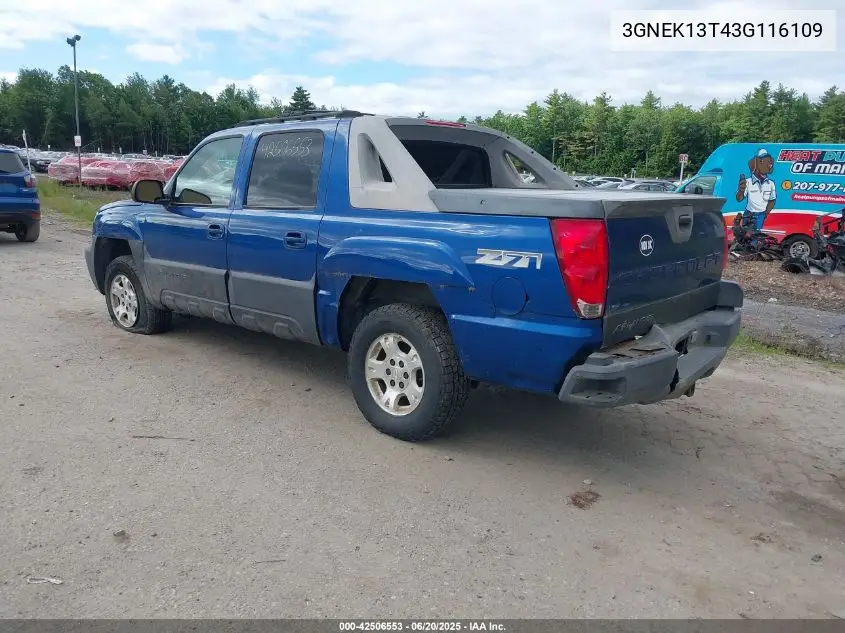 2003 Chevrolet Avalanche 1500 VIN: 3GNEK13T43G116109 Lot: 42506553