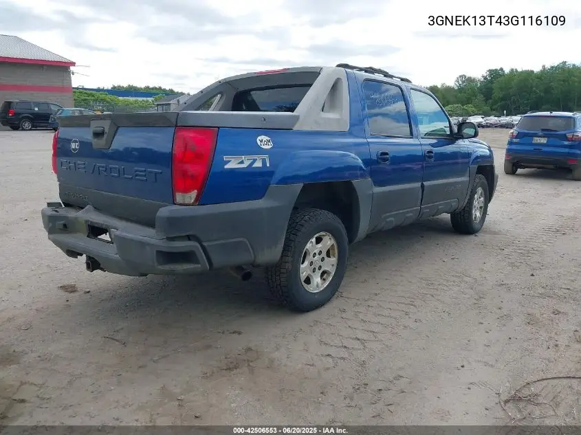 2003 Chevrolet Avalanche 1500 VIN: 3GNEK13T43G116109 Lot: 42506553