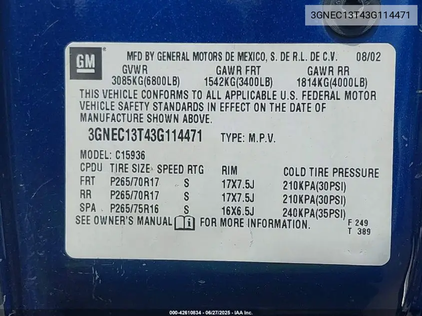 2003 Chevrolet Avalanche 1500 VIN: 3GNEC13T43G114471 Lot: 42610834