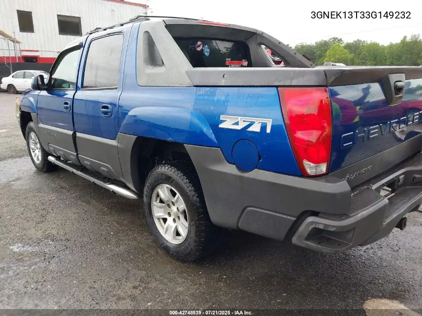 2003 Chevrolet Avalanche 1500 VIN: 3GNEK13T33G149232 Lot: 42748539