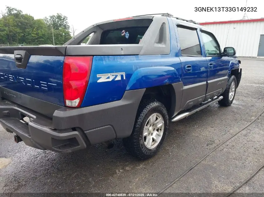 2003 Chevrolet Avalanche 1500 VIN: 3GNEK13T33G149232 Lot: 42748539