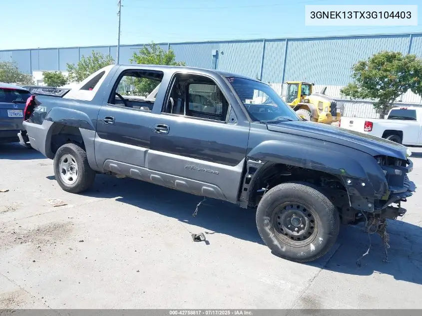 2003 Chevrolet Avalanche 1500 VIN: 3GNEK13TX3G104403 Lot: 42758817
