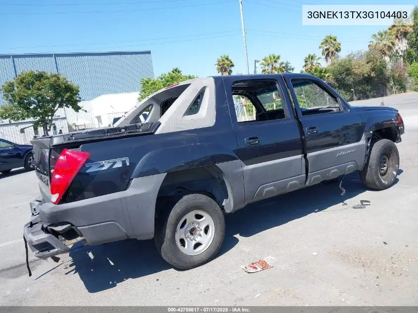 2003 Chevrolet Avalanche 1500 VIN: 3GNEK13TX3G104403 Lot: 42758817