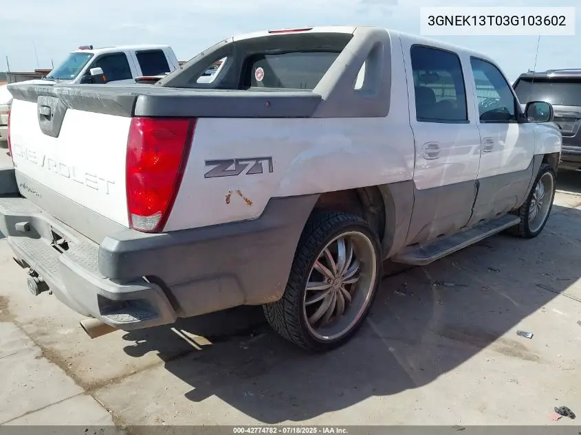 2003 Chevrolet Avalanche 1500 VIN: 3GNEK13T03G103602 Lot: 42774782